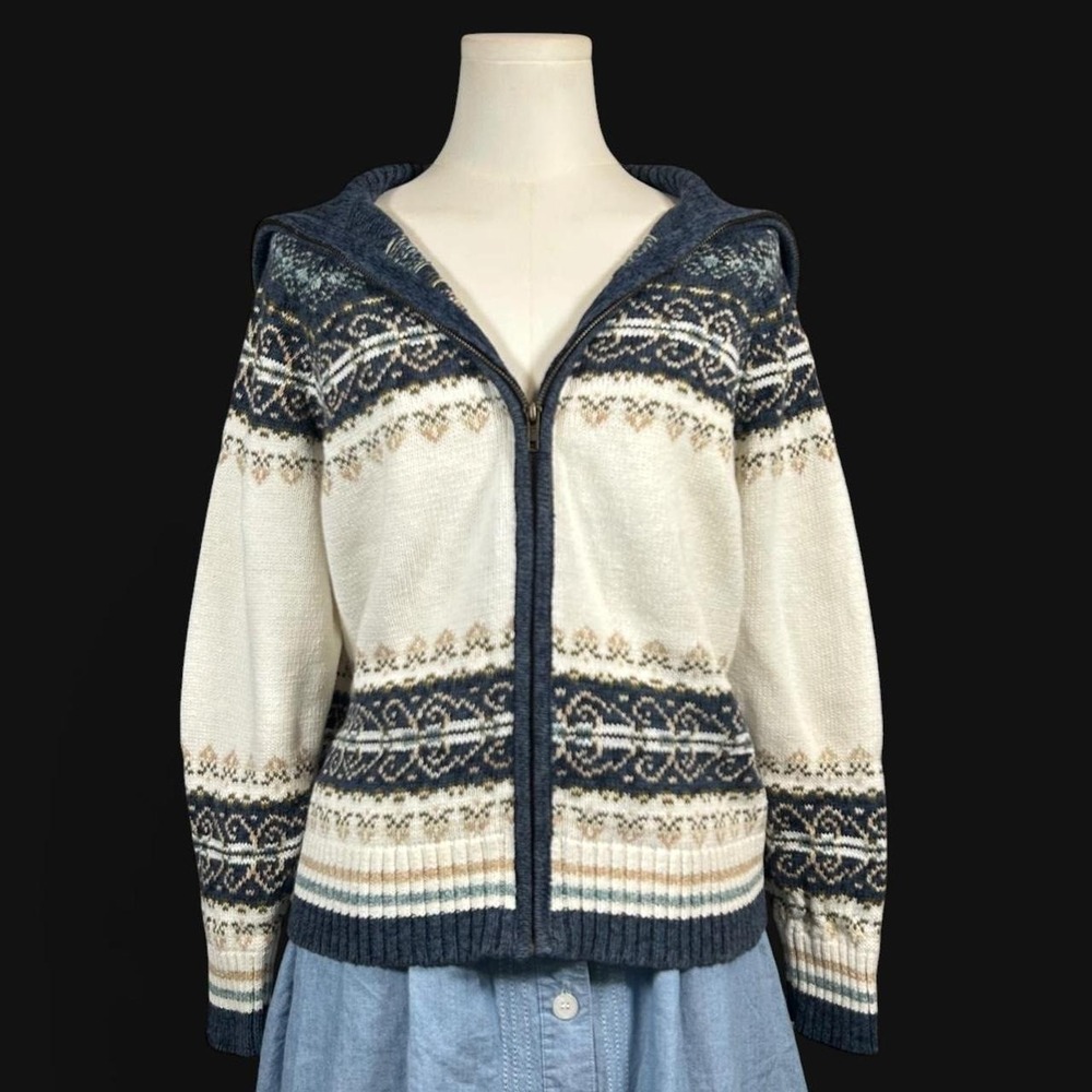 Vintage Fair Isle Nordic Zip Up High Neck Cardigan Sweater Cottage Boho Womens M